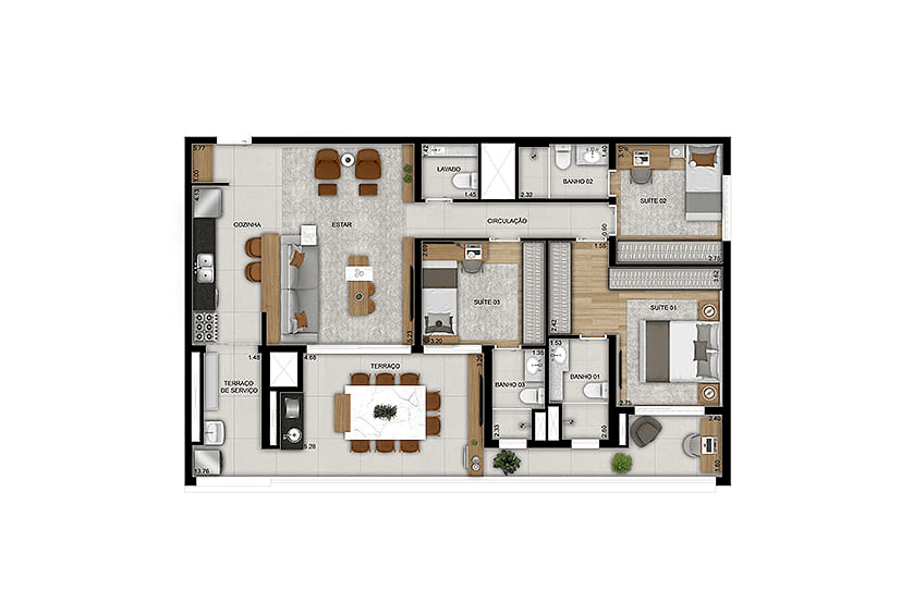 3 Suítes – 125m² - Finais 1 e 8 – Torre 1