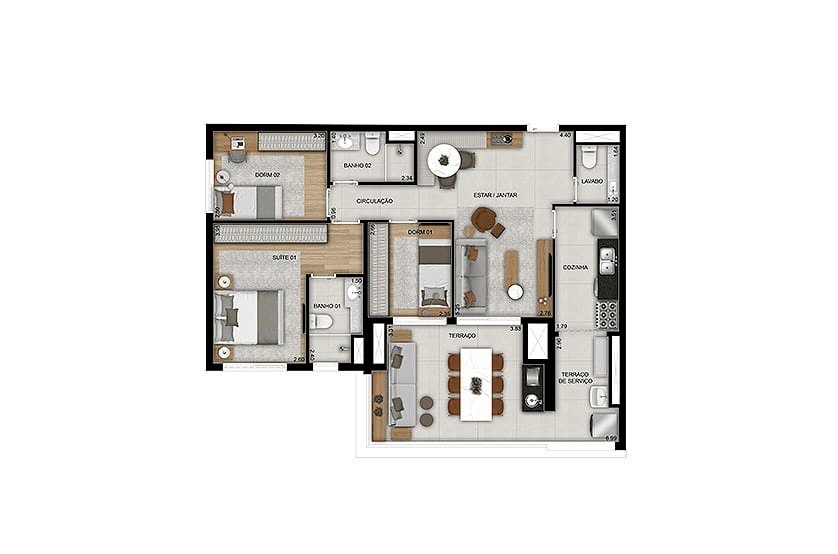 3 dorms. com lavabo (1 suíte) – 96m² - Finais 1 e 8 – Torre 2