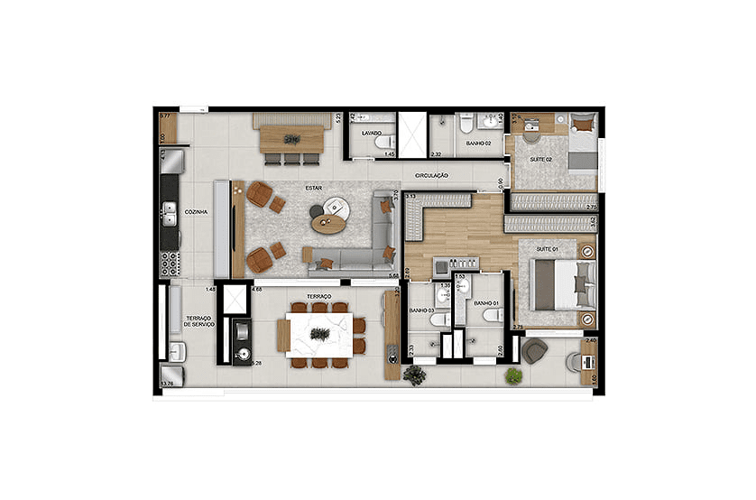 2 Suítes ampliada banheiro Sr. e Sra. – 125m² - Finais 1 e 8 – Torre 1