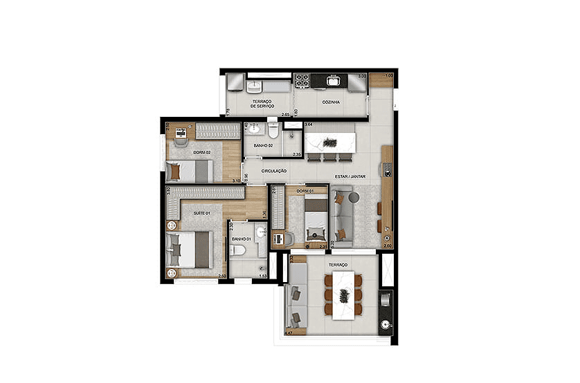 3 Dorms. (1 suíte) 90m² - Finais 4 e 5 – Torre 1