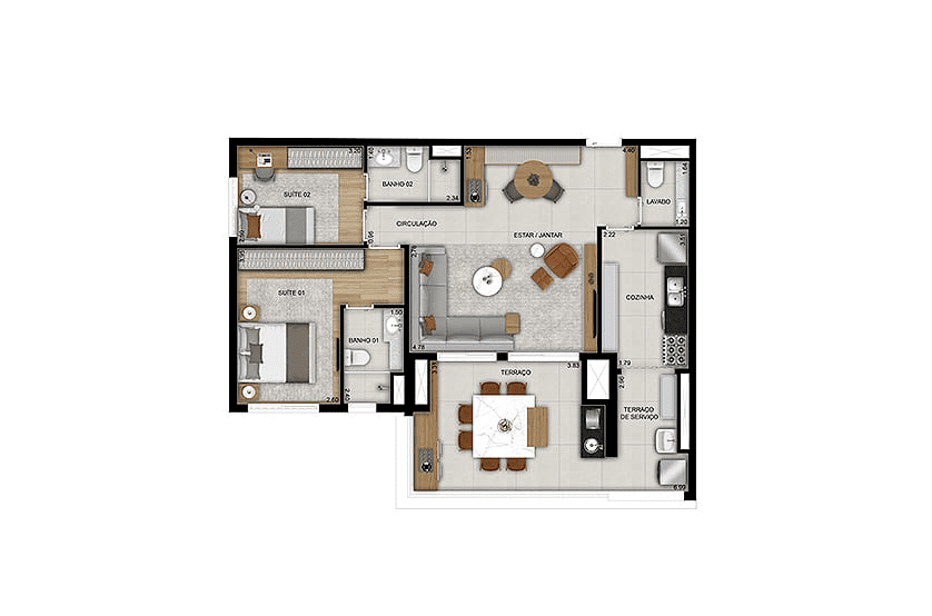 2 Suítes com lavabo - opção ampliada - 96m² - Finais 1 e 8 - Torre 2