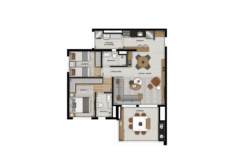 2 Dorms. (1 suíte) - opção ampliada – 90m² - Finais 4 e 5 – Torre 1