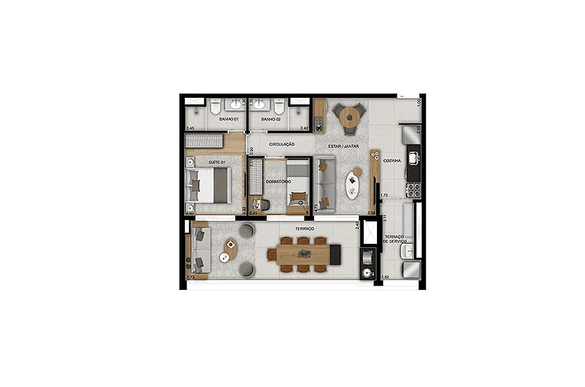 2 Dorms. (1 suíte) – 75m² - Finais 2, 3, 6 e 7 – Torre 1