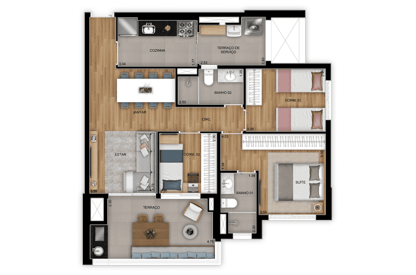 3 Dorms. (1 suíte) - 79m² - Final 08