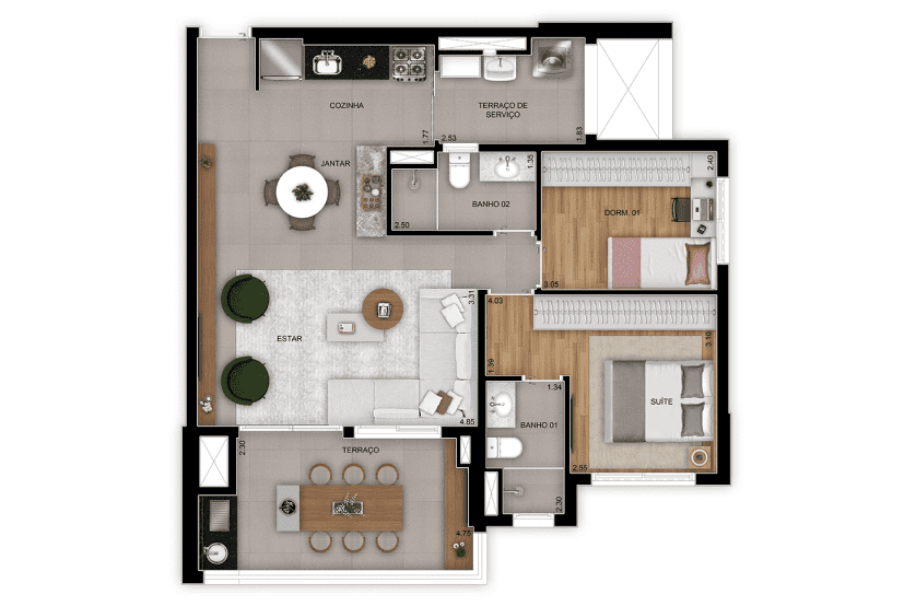 Opção 2 dorms. (1 suíte ) - Living ampliado - 79m² - Final 08