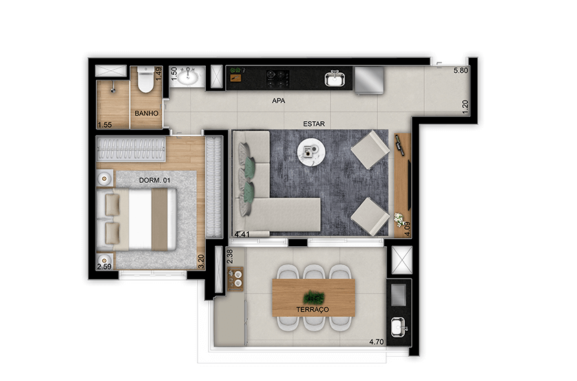 Opção 1 dorm. com living ampliado - 51 m² - Final 2