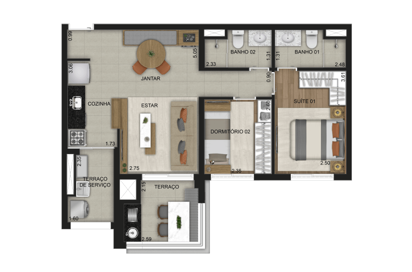 2 dorms. (1 suíte) - 64m² - Final 8