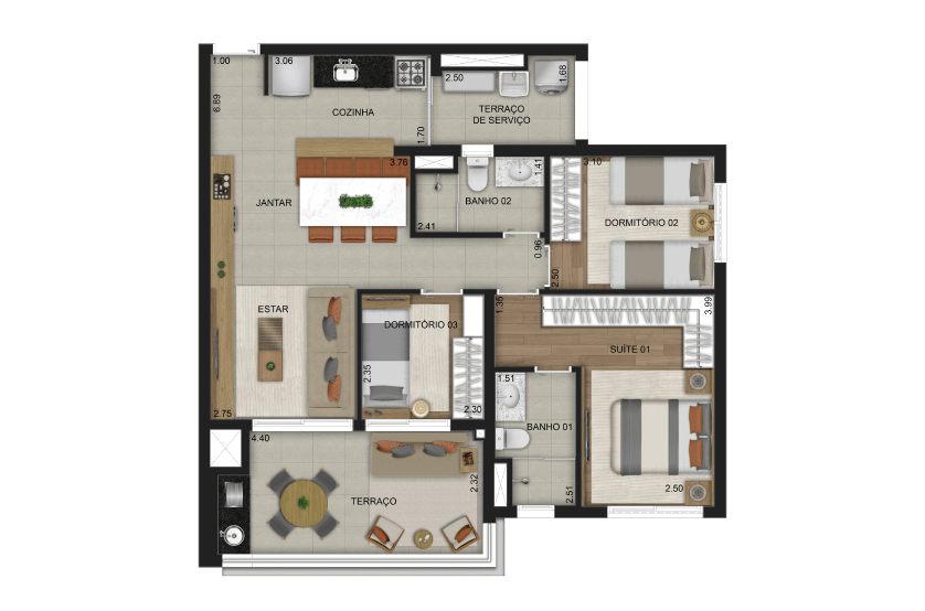 3 dorms. (1 suíte) -  87m² - Final 7