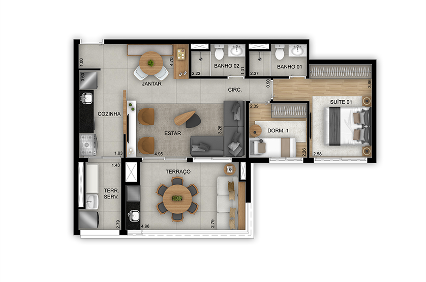 pção 2 dorms. (1 suíte) com living ampliado - 82m² - Torre 2 - Final 2