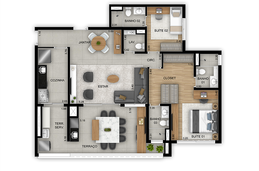 Opção 2 suítes com living ampliado - 112m² - Torre 2 - Final 1