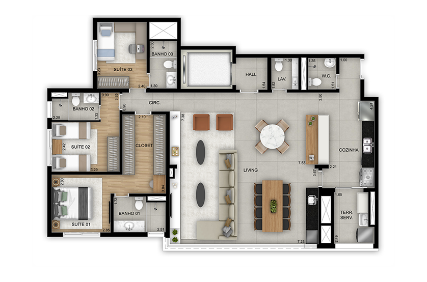 Opção 3 suítes com terraço integrado - 144m² - Torre 1 - Final 1