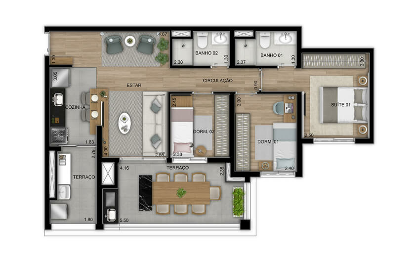 3 dorms (1 suíte) - 84m² - Final 3