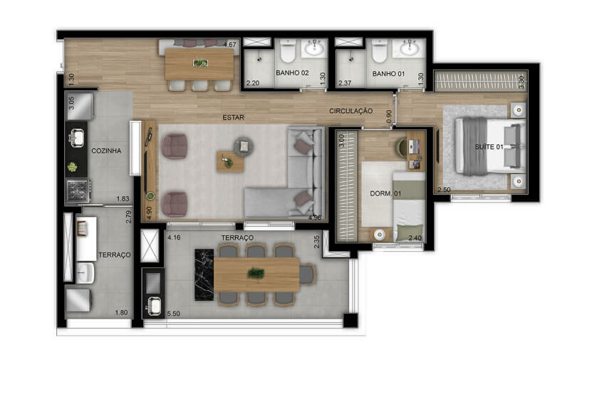 Opção 2 dorms (1 suíte) - 84m² - Final 3