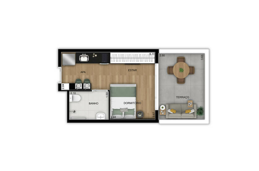 Planta studio com terraço - NR - 1º Pavimento - Finais 2, 3, 4, 5 e 6 (Perspectiva artística)