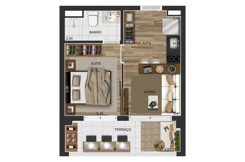 1 suíte - 32m² - Opção 2