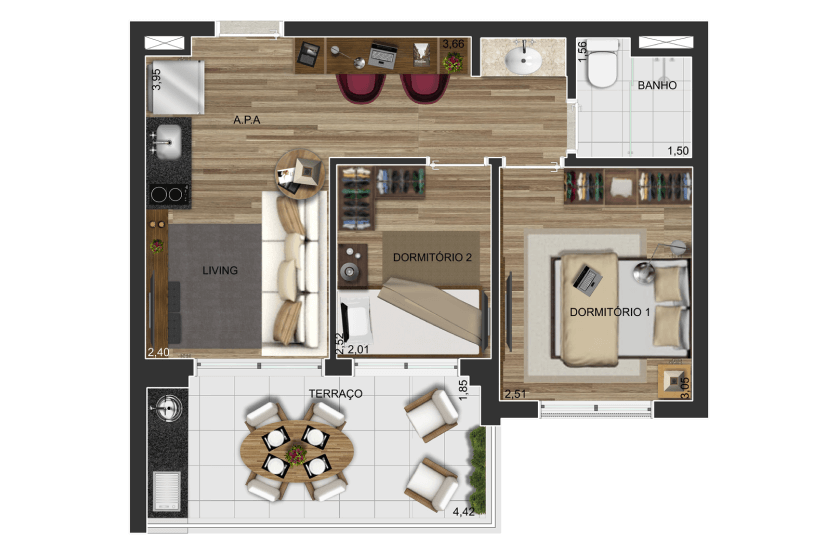 2 dorms. - 44m² - Opção 2