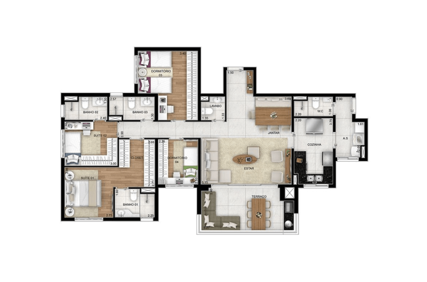 4 dorms. (2 suítes) e terraço com churrasqueira