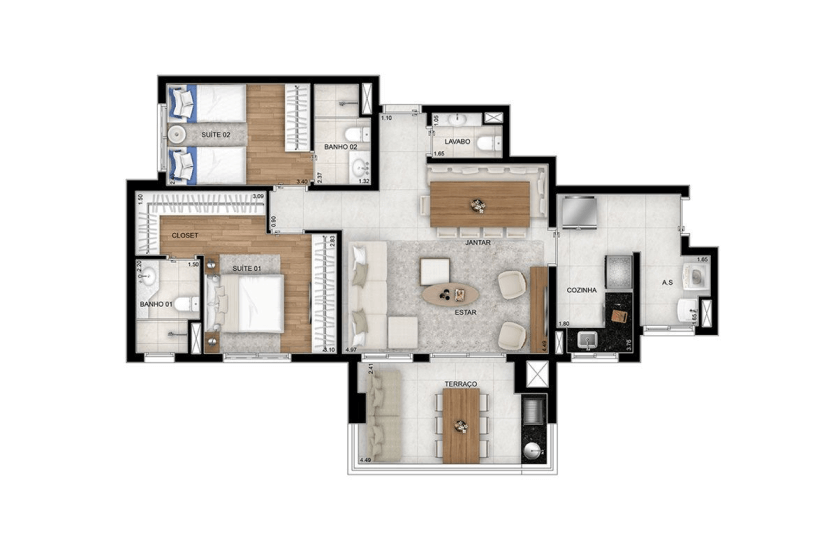 2 dorms. (2 suítes) - Opção de planta living ampliado e terraço com churrasqueira