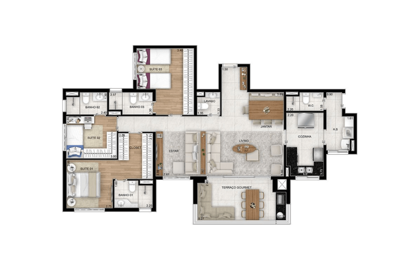 3 dorms. (1 suíte) - Opção de planta living ampliado e terraço com churrasqueira