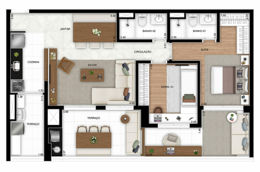 Opção 2 dorms. (1 suíte) com living ampliado - Final 10