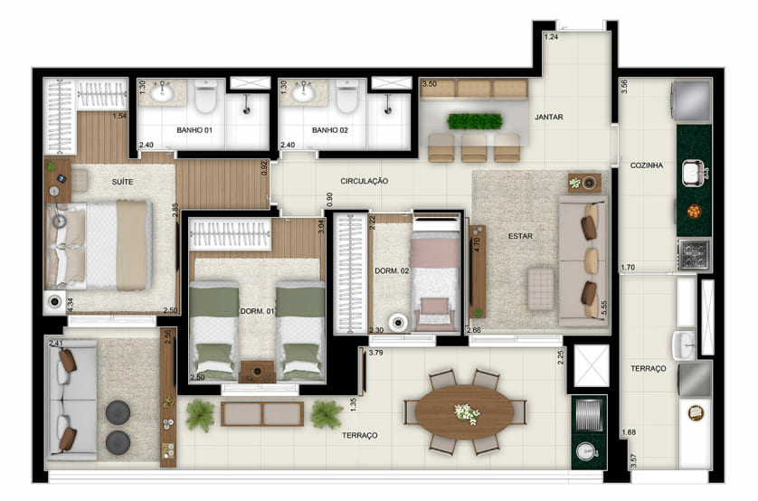 3 dorms. - 1 suíte - 94m²