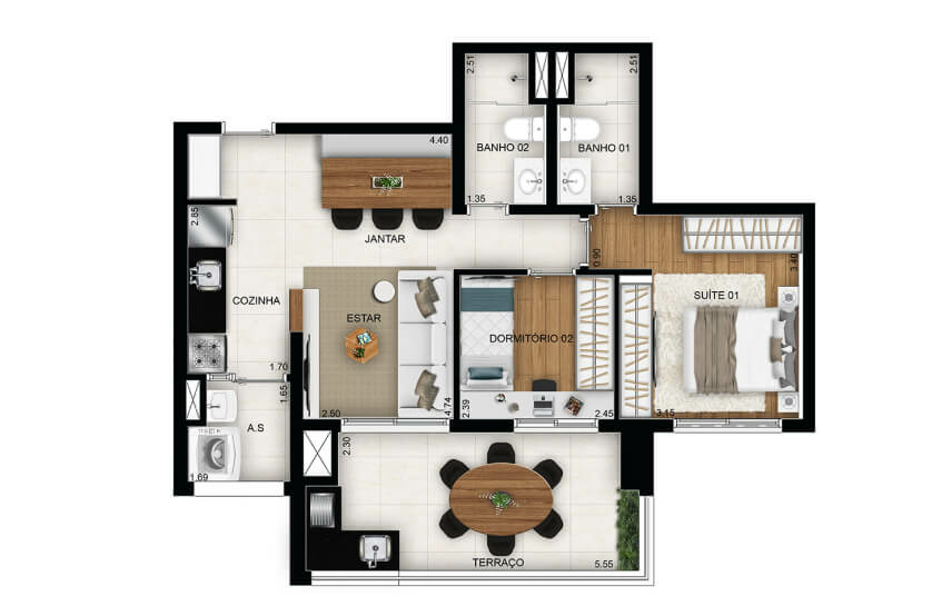 2 dorms.(1 suíte) - 71m² - Opção suíte ampliado - Final 3