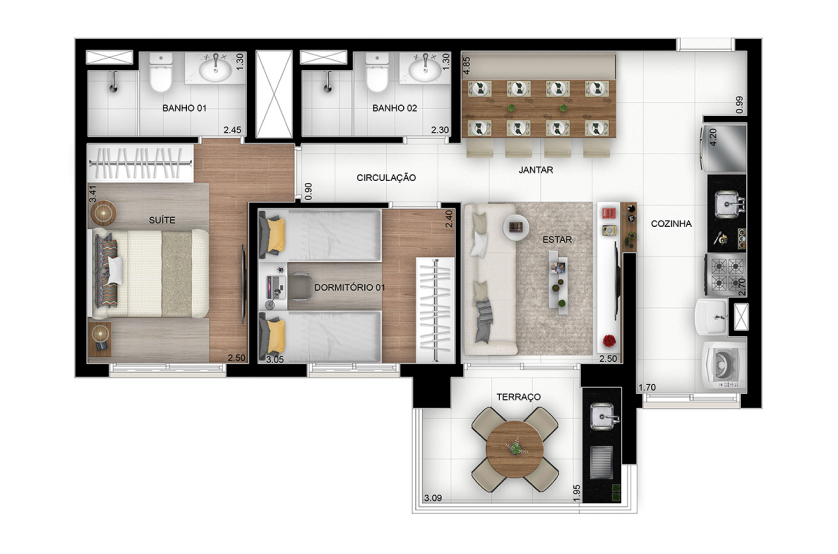 2 dorms. (1 suíte) - 63m²