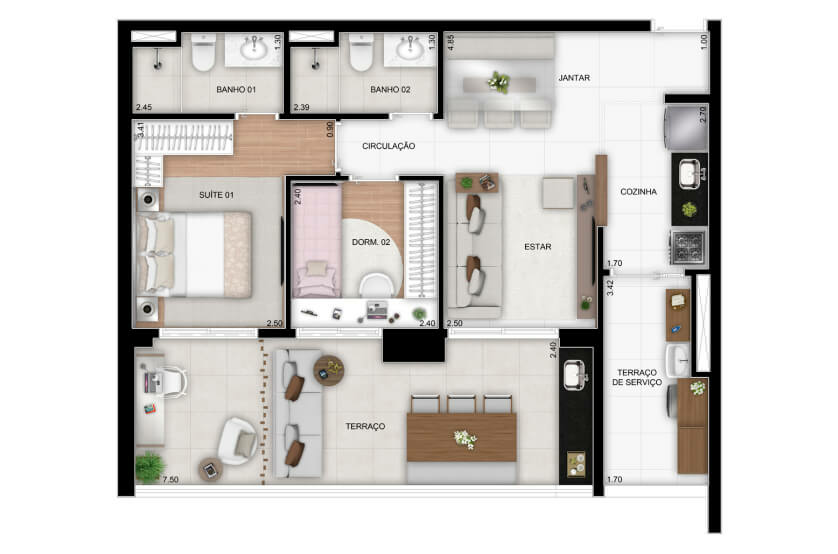 2 dorms. (1 suíte) - 75m²