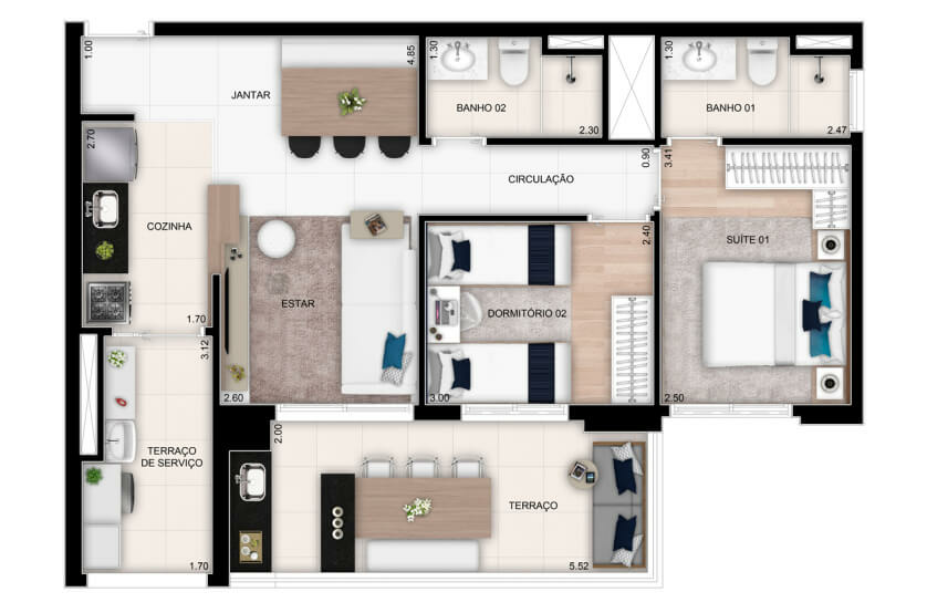 2 dorms. (1 suíte) - 70m²