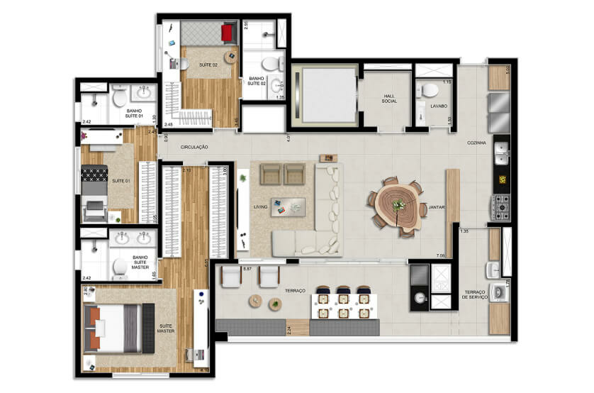 3 suítes – 107m²