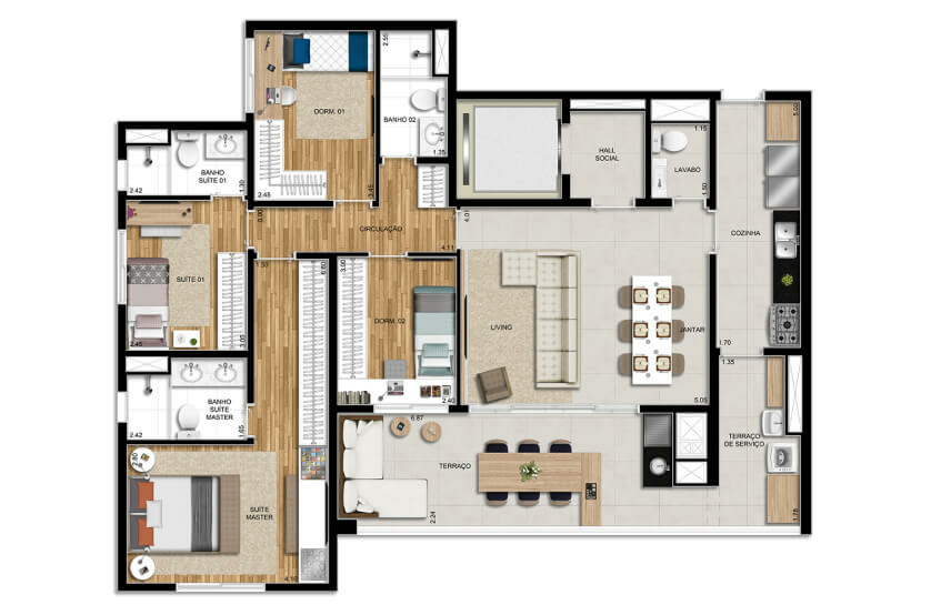 4 dorms. (2 suítes) - Opção living ampliado 3 suítes