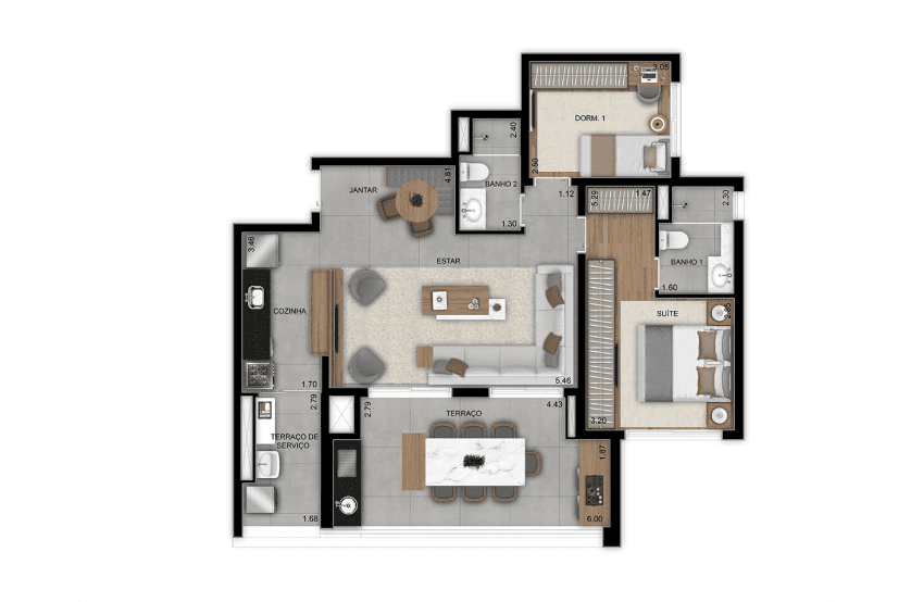 Opção 2 dorms. (1 suíte) com living ampliado - 90m² - final 6 - 18º ao 29º pavimento