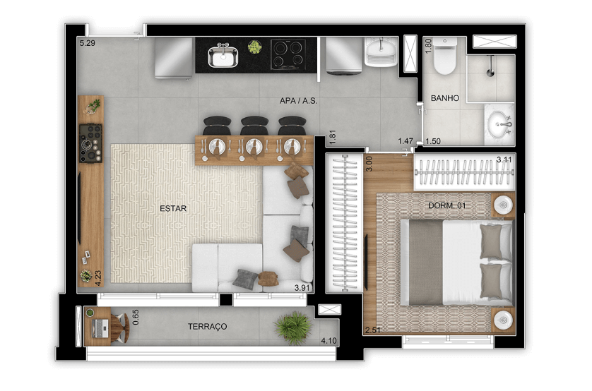 1 dorm. - 40m² - Opção living ampliado - Final 02 - Torre 2