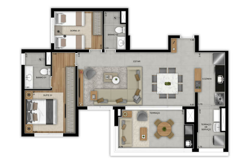 Opção 2 dorms. (1 suíte) com living ampliado - Final 4 (Perspectiva)