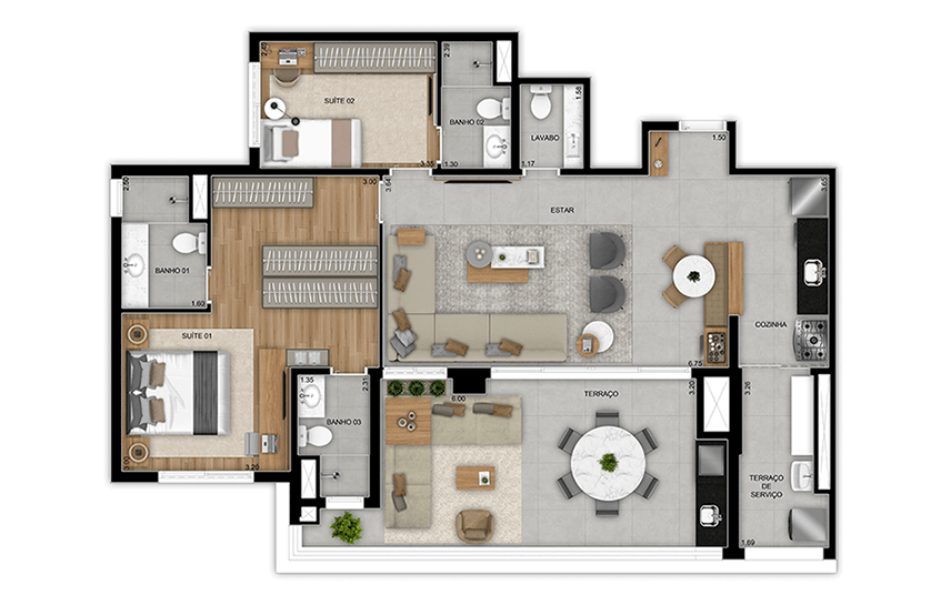 Opção 2 suítes com closets e living ampliados - Final 1 - (Perspetiva Artística)