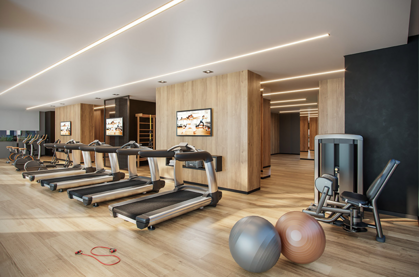 Fitness com 210m² e fitness externo (Perspectiva artística)