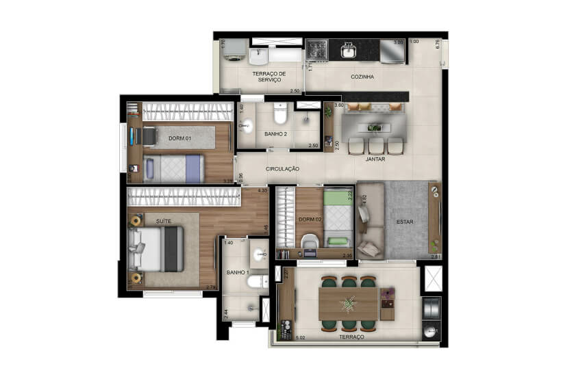 3 Dorms. (1 Suíte) - 83m²