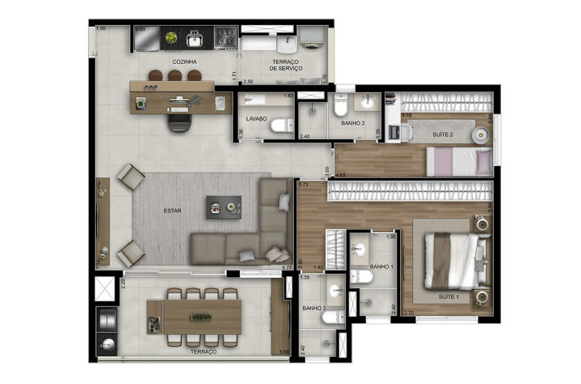 2 suítes - 104m² - Opção com living ampliado e banheiro Sr. e Sra. 