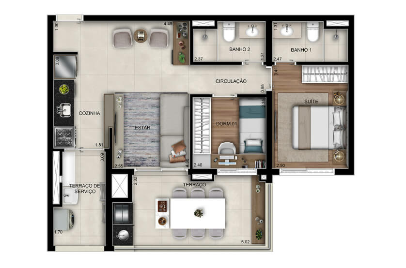 2 Dorms. (1 Suíte) - 69m²