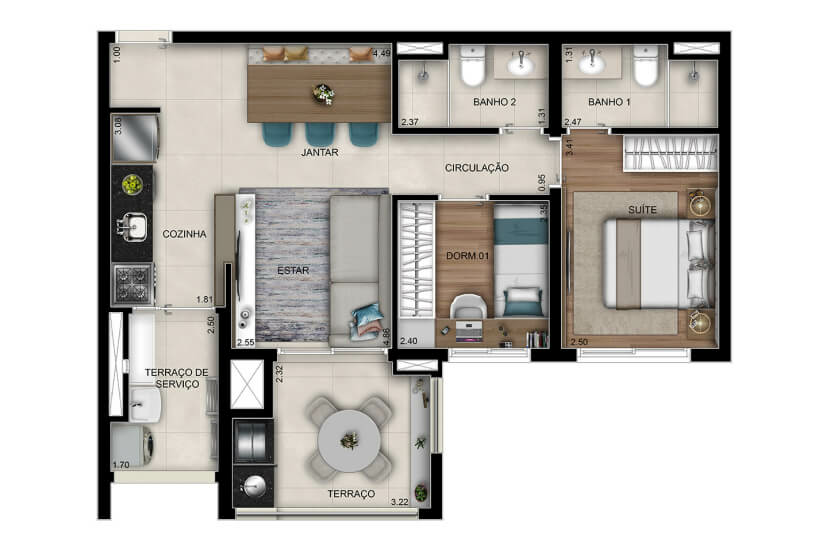 2 Dorms. (1 Suíte) - 64m² - Padrão - Final 02, 03, 06 e 07