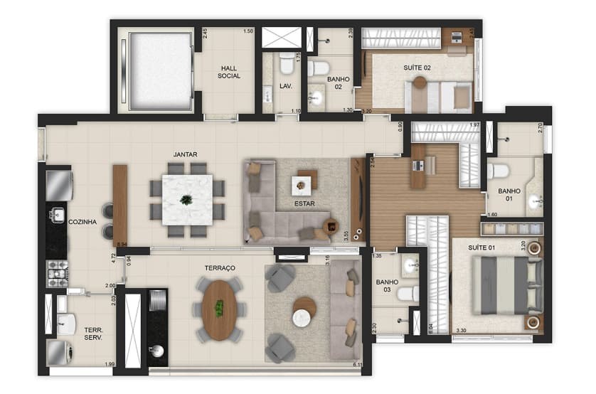 Opção 2 suítes com living ampliado - finais 5 e 6 – torre 2 e final 4 e 5 – torre 3