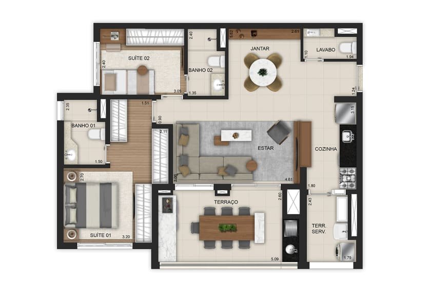 Opção 2 suítes com living ampliado - finais 1 e 2  - torre 2 e finais 1 e 8 - torre 3