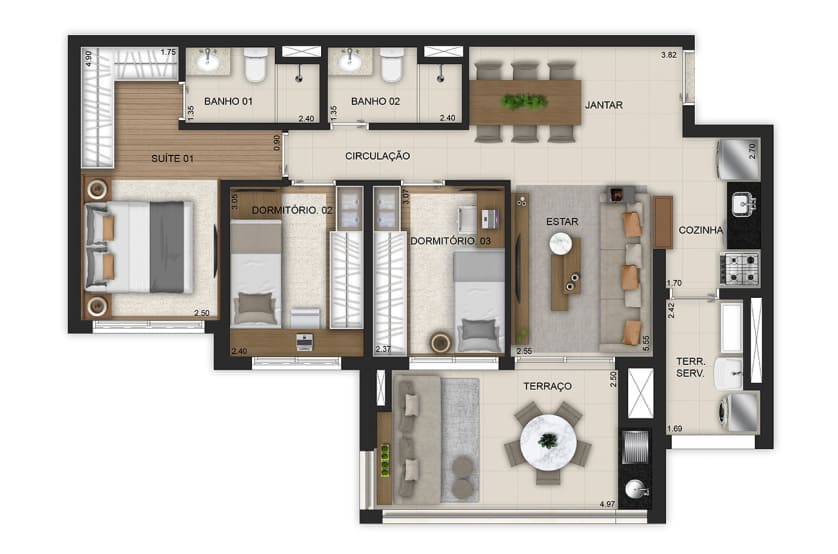 3 dorms. (1 suíte) - finais 3 e 6 - torre 3