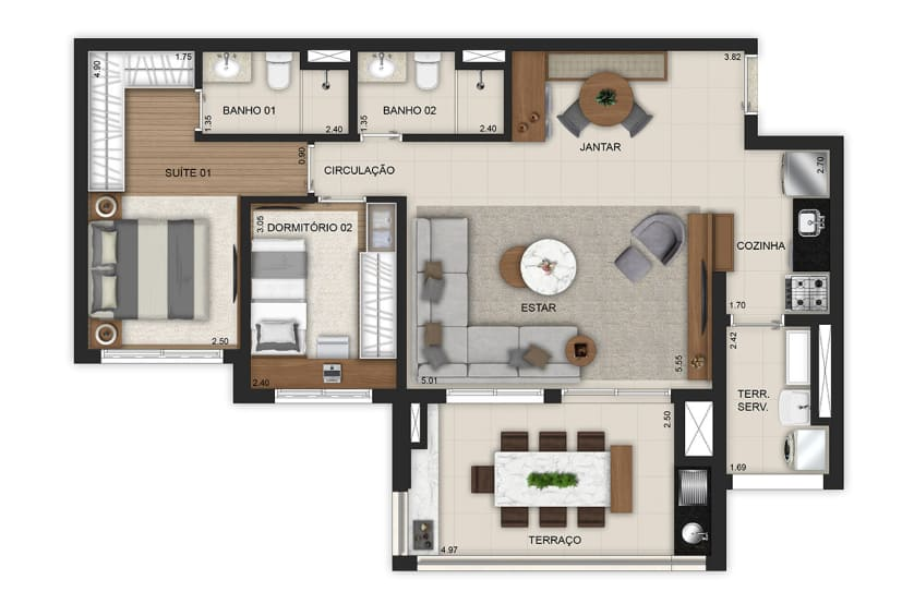 Opção 2 dorms. (1 suíte) com living ampliado - finais 3 e 6 - torre 3