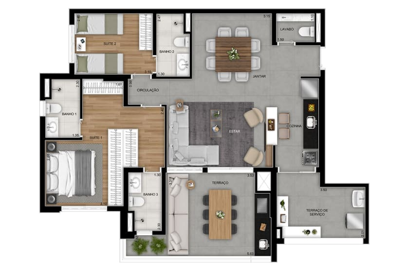 2 suítes - 106m² - Opção 2 suítes com banheiros Sr. e Sra.