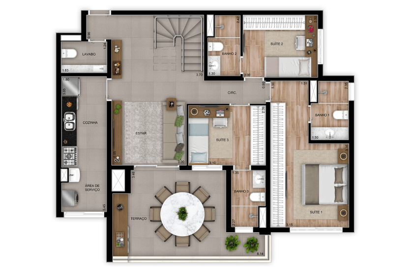 Duplex inferior - 3 Suítes - 204m² - Torre 2 - Final 6