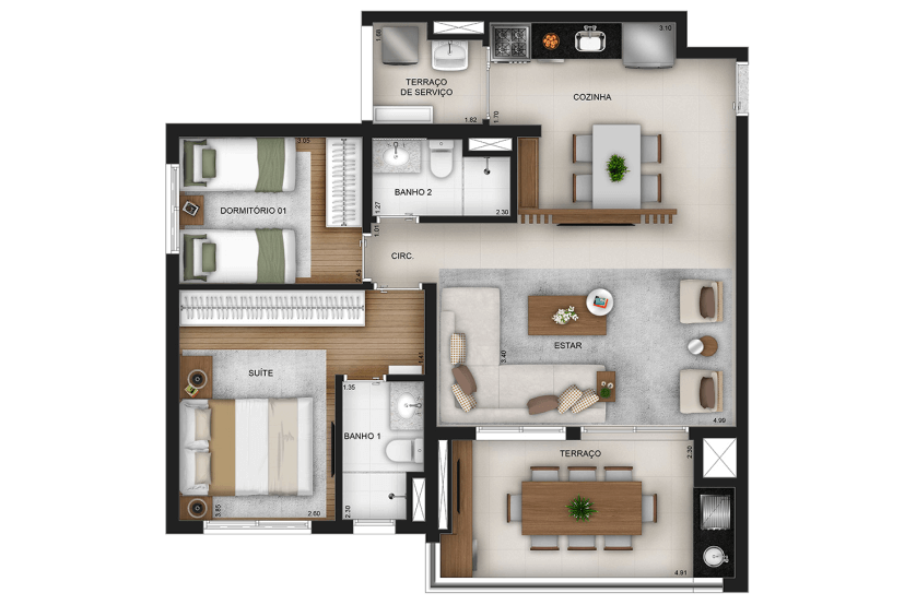 2 dorms. (1 suíte) - Opção com living ampliado - Final 8