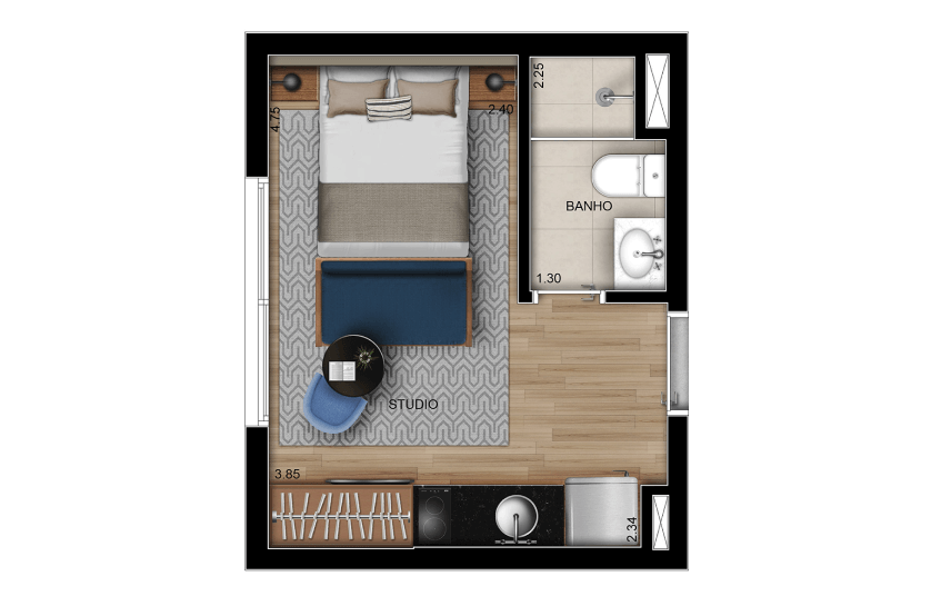 Planta Studio de 21m² - 13° ao 21° pavimento – final 01