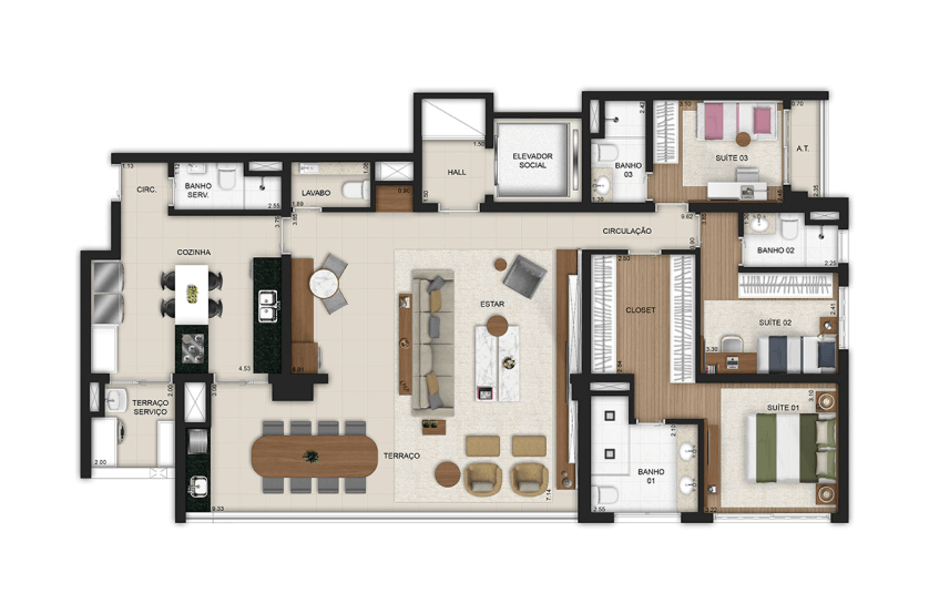 4 dorms. (2 suítes) opção living ampliado integrado ao terraço e cozinha ampliada - Final 4 - *Metragem do apto + depósito