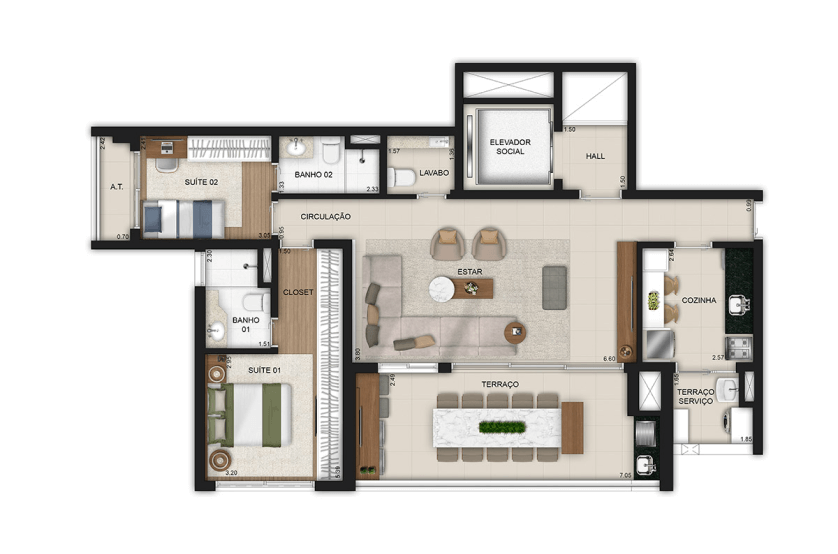 3 dorms. (1 suíte) opção 2 suítes com living e cozinhas ampliados - *Metragem do apto + depósito